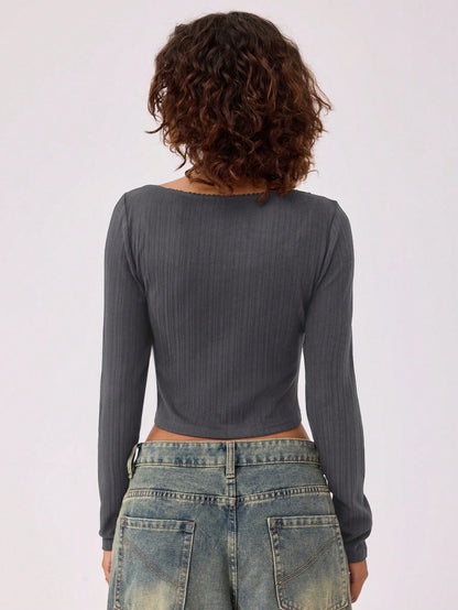 Forever 21 Jersey de punto con cuello redondo, adorno de encaje y lazo para mujer