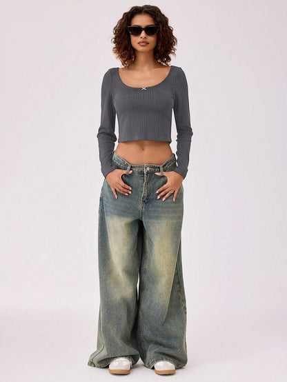 Forever 21 Jersey de punto con cuello redondo, adorno de encaje y lazo para mujer