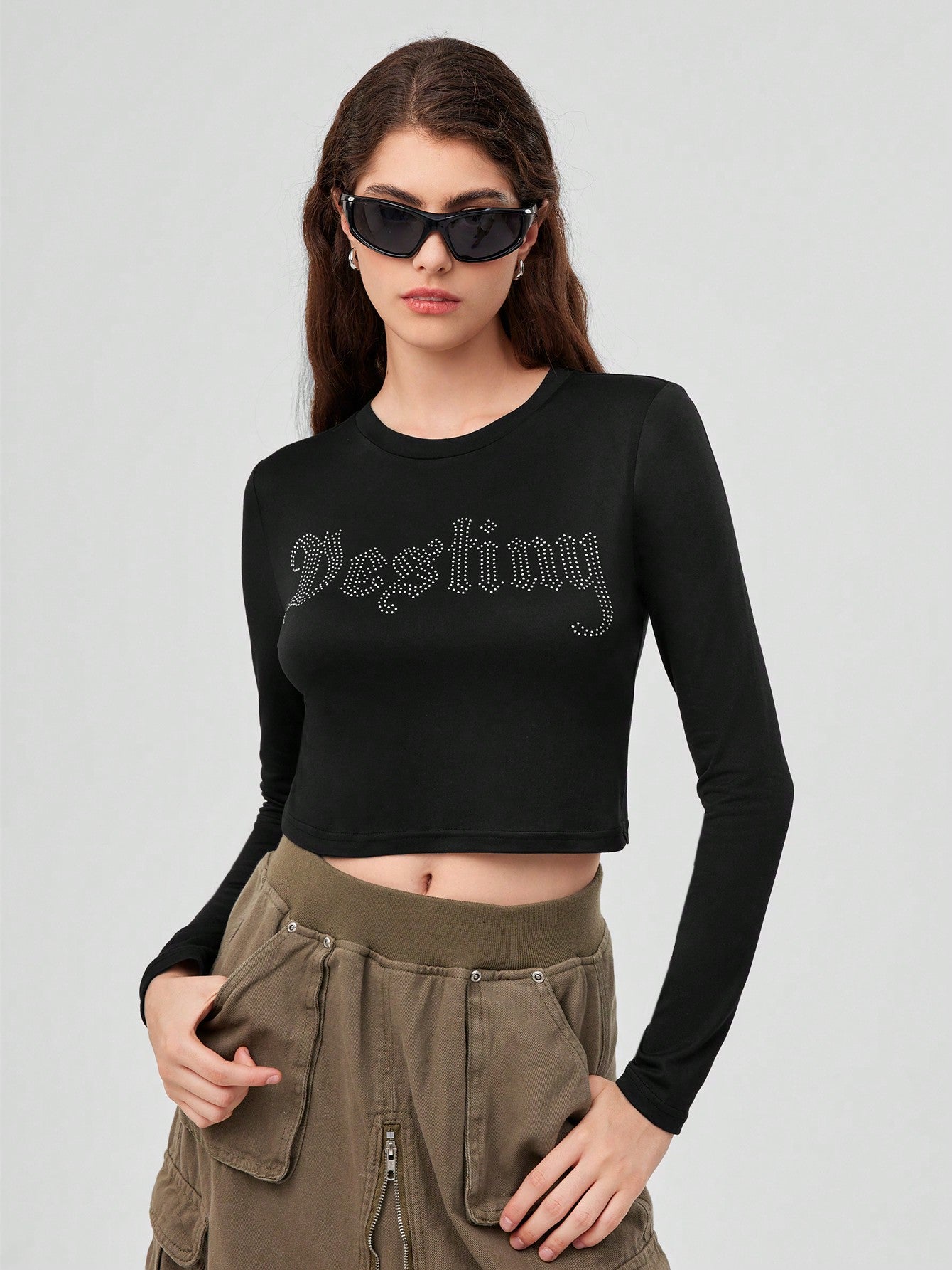 Forever 21 Top Corto Para Mujer Con Diseño De Letras Con Diamantes De Imitación
