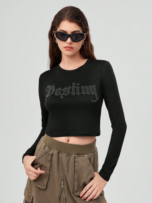 Forever 21 Top Corto Para Mujer Con Diseño De Letras Con Diamantes De Imitación