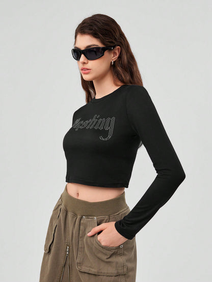 Forever 21 Top Corto Para Mujer Con Diseño De Letras Con Diamantes De Imitación