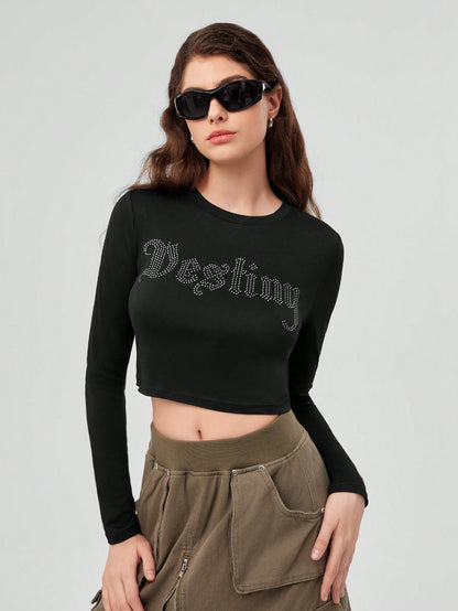 Forever 21 Top Corto Para Mujer Con Diseño De Letras Con Diamantes De Imitación
