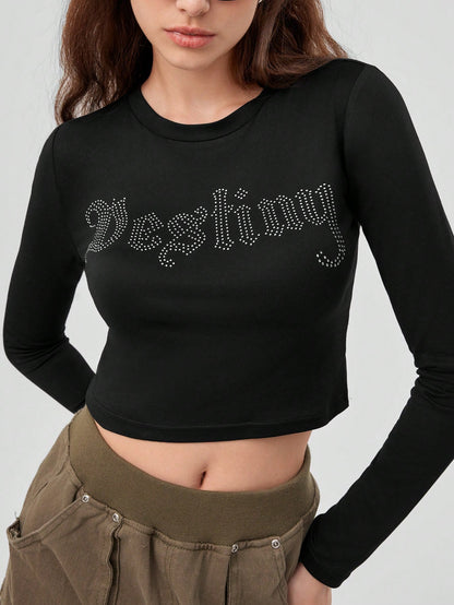 Forever 21 Top Corto Para Mujer Con Diseño De Letras Con Diamantes De Imitación