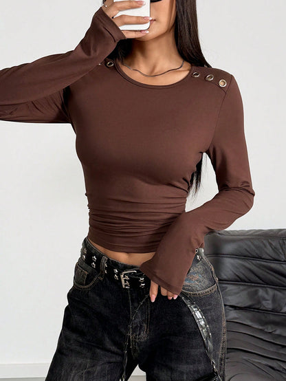 Franclia Camiseta de manga larga de moda y versátil, cuello redondo plateado perforado, diseño fruncido, ajuste ceñido, adecuado para mujeres