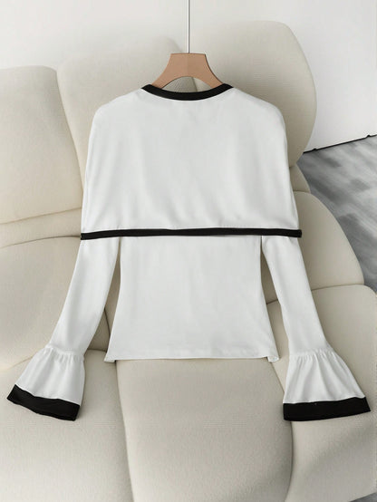 Franclia Camiseta elegante y de moda para mujer, en bloque de color negro y blanco con cuello de chal desmontable de escote en V de manga larga, adecuada para uso diario, citas y viajes