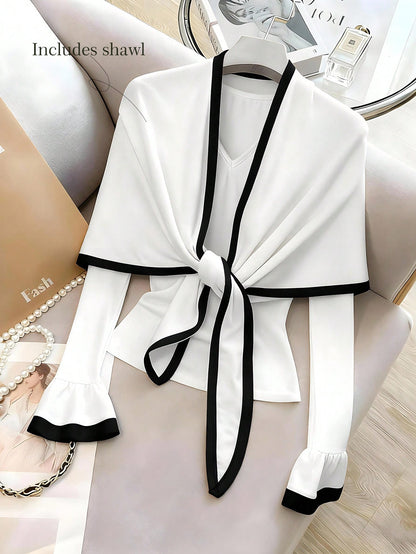 Franclia Camiseta elegante y de moda para mujer, en bloque de color negro y blanco con cuello de chal desmontable de escote en V de manga larga, adecuada para uso diario, citas y viajes