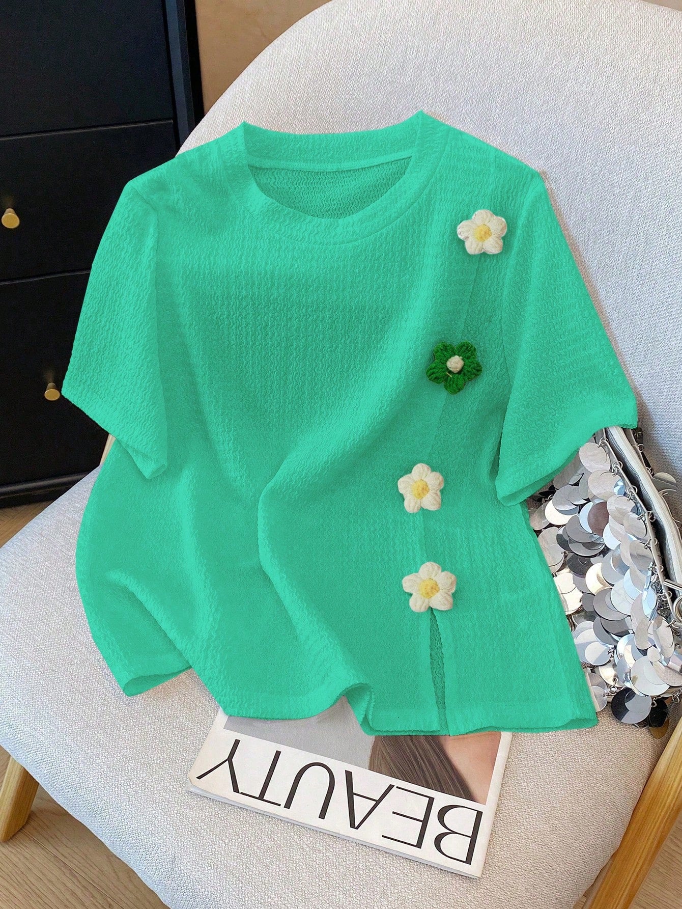 Franclia Camiseta estilosa de cuello redondo y manga corta, top con estampado 3D de flores dulces y picantes