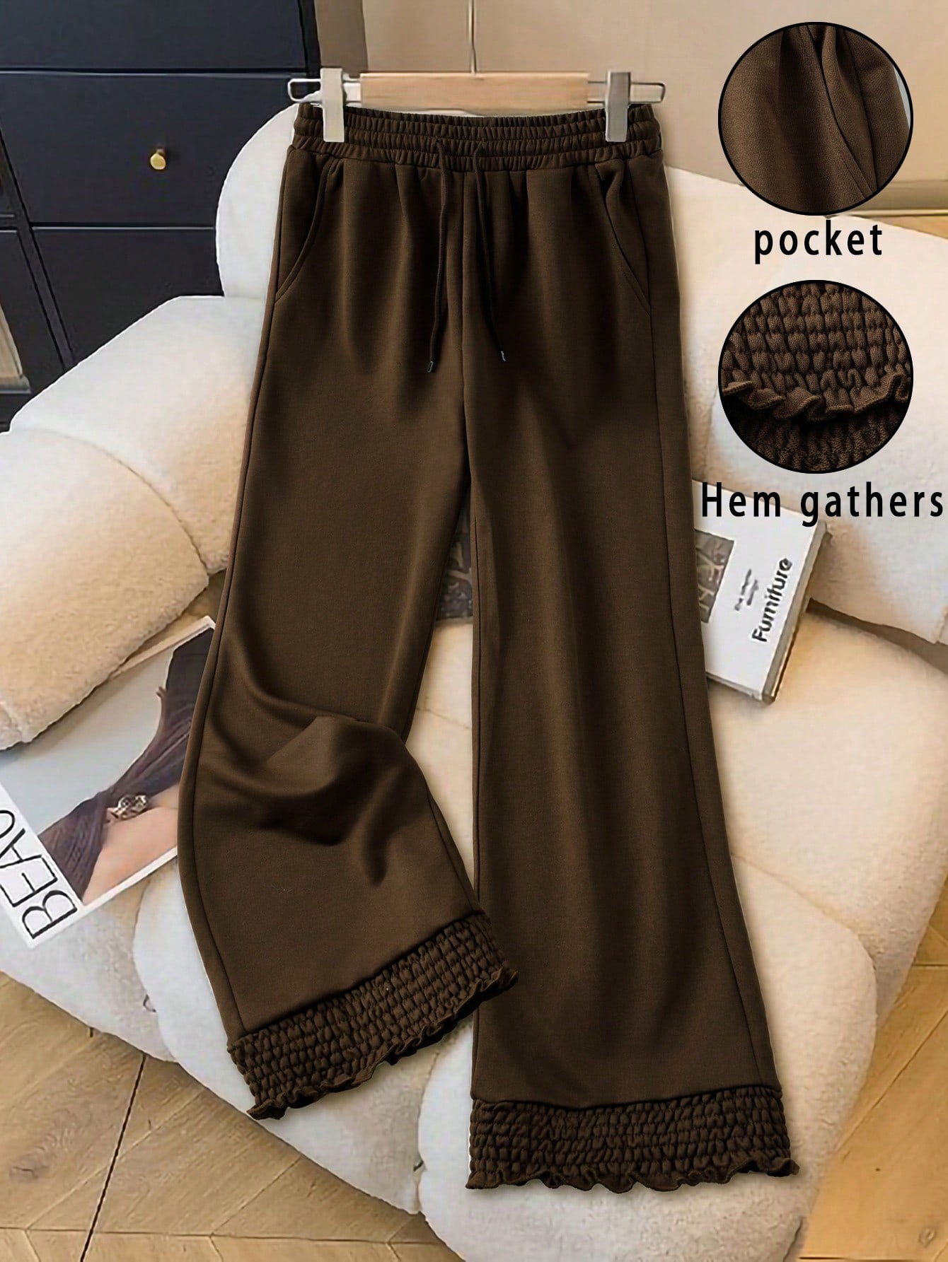 Franclia Pantalones deportivos casuales con cintura elástica con cordón, bajo con volantes y parches, de estilo holgado, para otoño/invierno