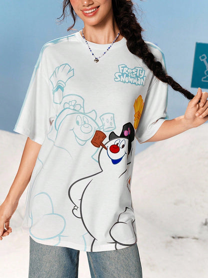 Frosty the Snowman X SHEIN Camiseta de mujer de manga corta con cuello redondo y estampado de muñeco de nieve de dibujos animados