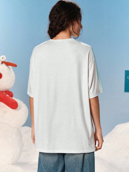 Frosty the Snowman X SHEIN Camiseta de mujer de manga corta con cuello redondo y estampado de muñeco de nieve de dibujos animados