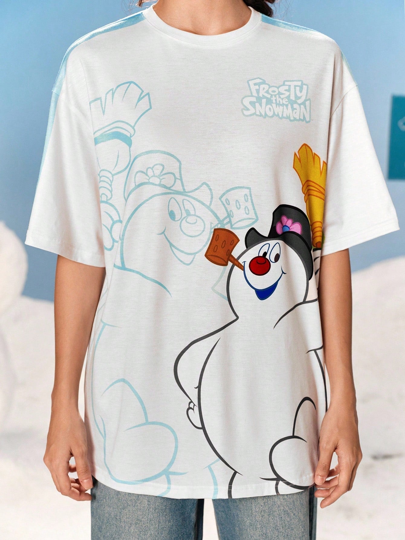 Frosty the Snowman X SHEIN Camiseta de mujer de manga corta con cuello redondo y estampado de muñeco de nieve de dibujos animados