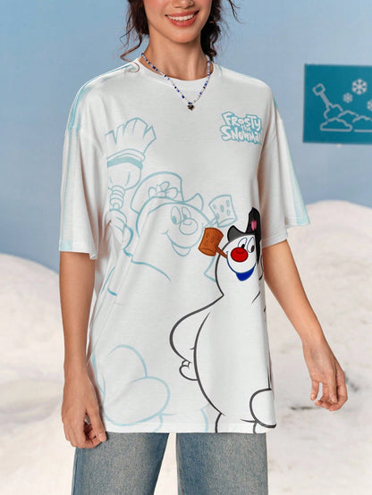 Frosty the Snowman X SHEIN Camiseta de mujer de manga corta con cuello redondo y estampado de muñeco de nieve de dibujos animados