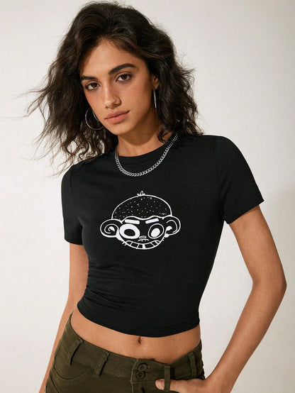 GAWX Camiseta corta de manga corta con estampado de dibujos animados, de ajuste ceñido, para mujer artista, de verano
