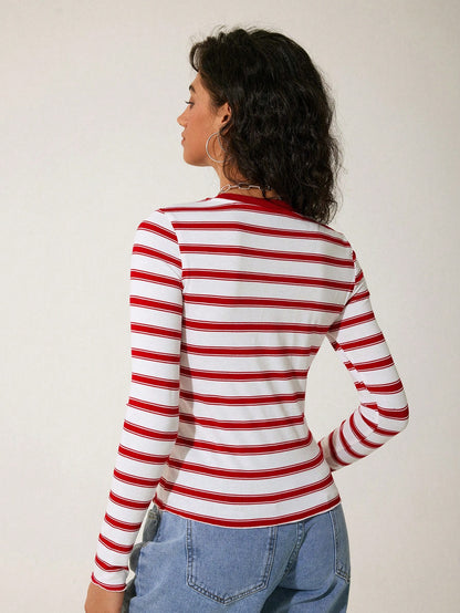 GAWX Camiseta de manga larga, estilo slim, con rayas y estampado de lema de dibujos animados de animales, para mujer, ropa de primavera y verano. Ropa de mujer para otoño e invierno.