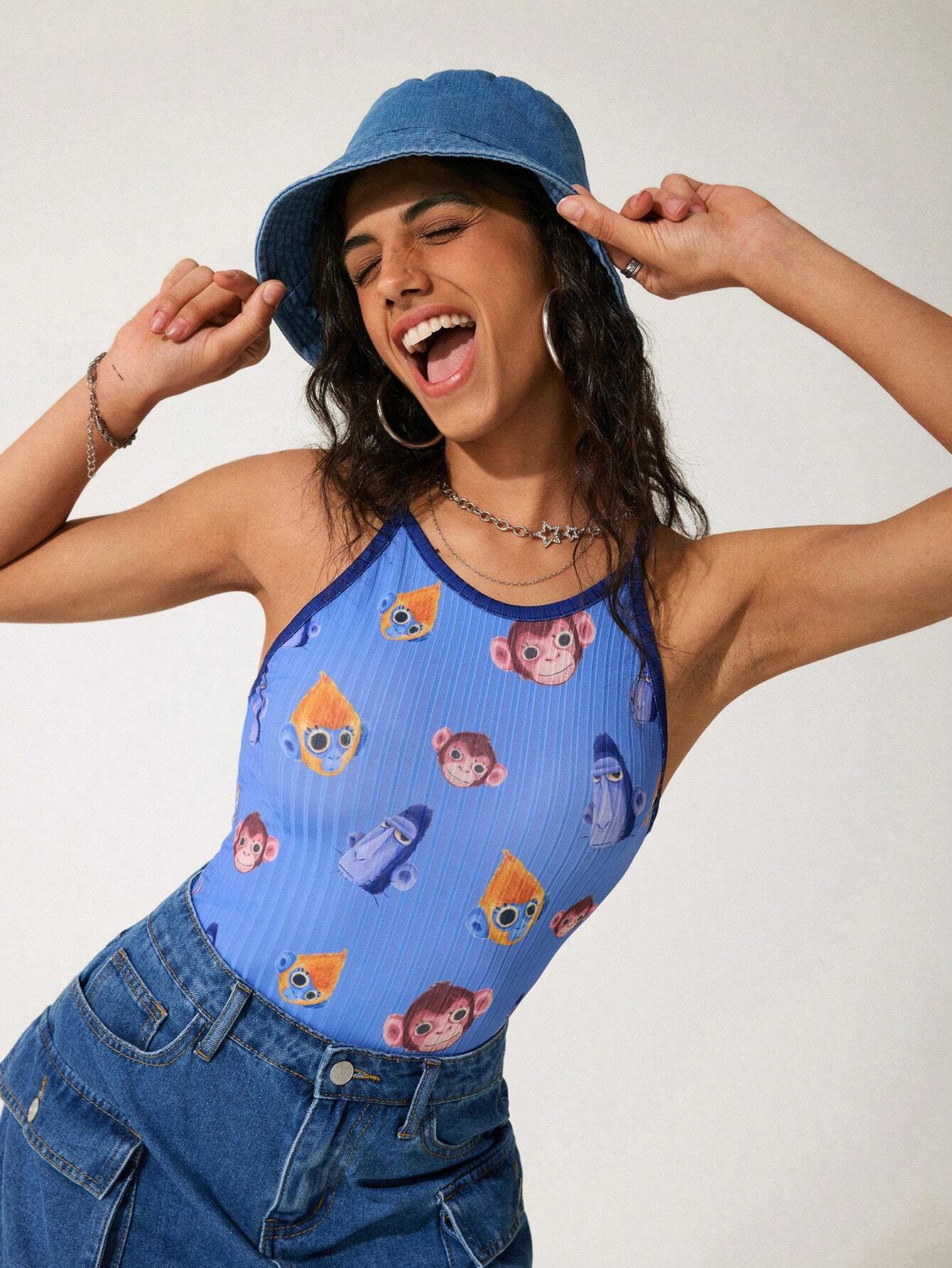 GAWX Camiseta de tirantes casual de verano con estampado de mono de dibujos animados para mujer artista