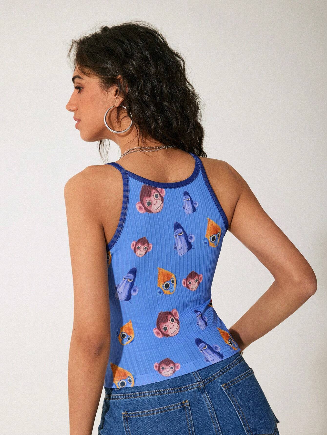 GAWX Camiseta de tirantes casual de verano con estampado de mono de dibujos animados para mujer artista