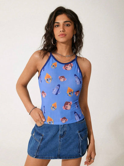GAWX Camiseta de tirantes casual de verano con estampado de mono de dibujos animados para mujer artista