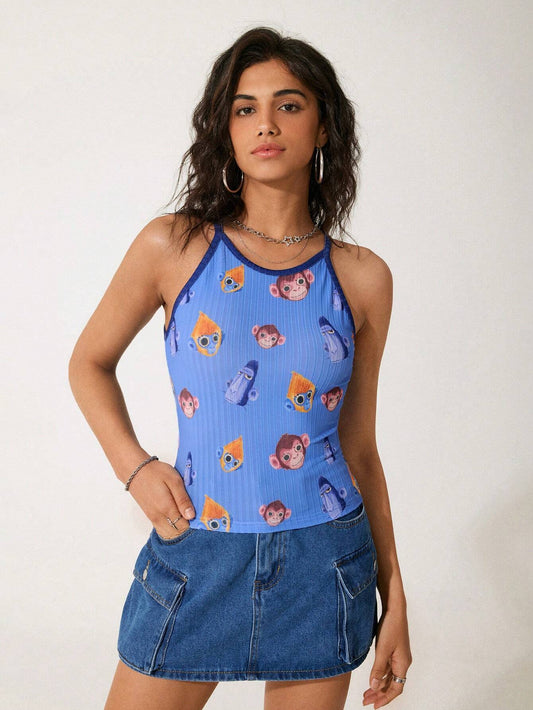 GAWX Camiseta de tirantes casual de verano con estampado de mono de dibujos animados para mujer artista