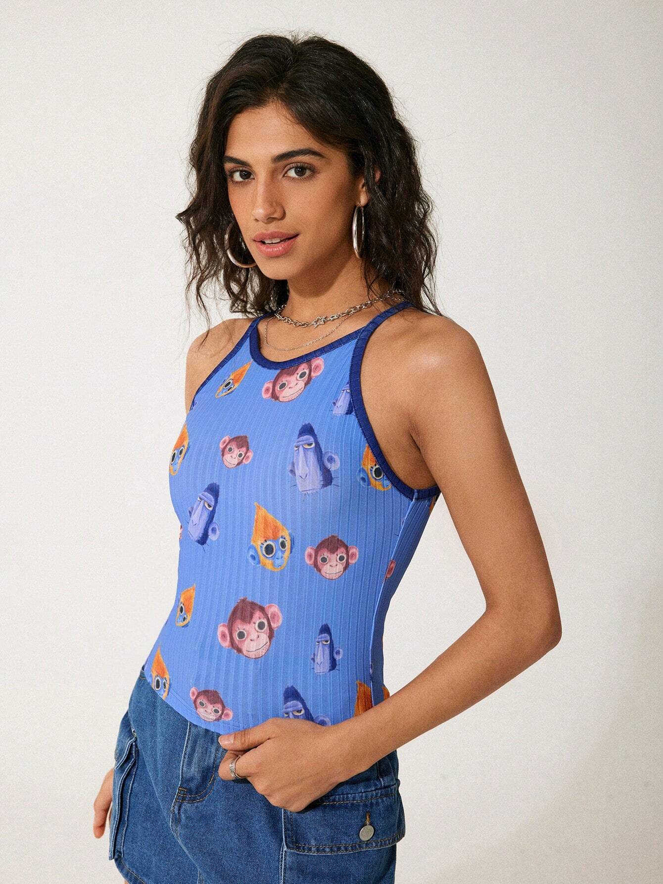 GAWX Camiseta de tirantes casual de verano con estampado de mono de dibujos animados para mujer artista