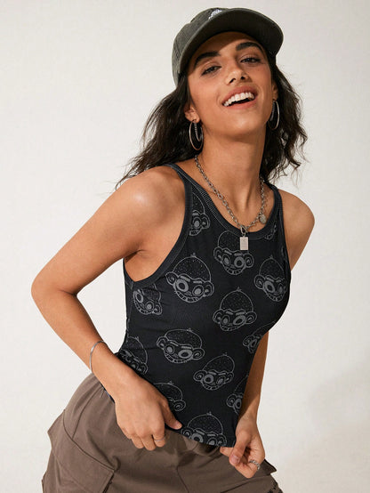 GAWX Camiseta de tirantes casual de cuello redondo para mujer de verano con diseño de mono de dibujos animados