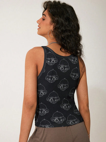GAWX Camiseta de tirantes casual de cuello redondo para mujer de verano con diseño de mono de dibujos animados
