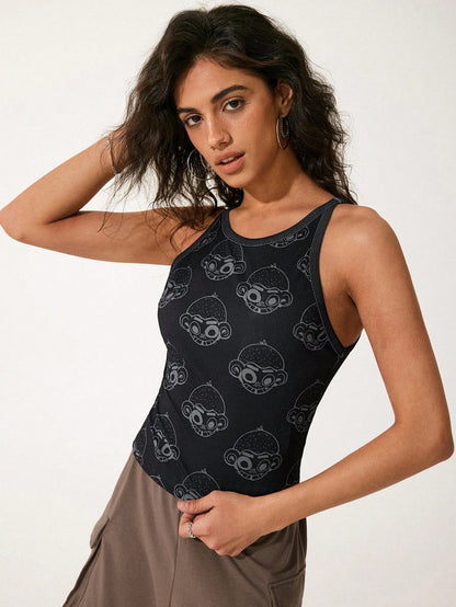 GAWX Camiseta de tirantes casual de cuello redondo para mujer de verano con diseño de mono de dibujos animados