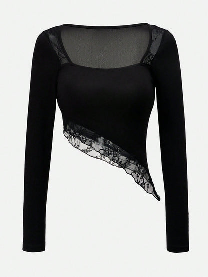 Glamine Charm Conjunto de 2 piezas de camiseta de manga larga y cuello redondo de punto negro elegante y minimalista, y minifalda para mujer