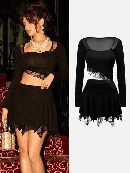 Glamine Charm Conjunto de 2 piezas de camiseta de manga larga y cuello redondo de punto negro elegante y minimalista, y minifalda para mujer