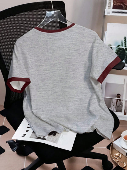 HARRY POTTER X SHEIN Camiseta de manga corta casual de mujer con gráfico de letras y ribete de contraste, para verano