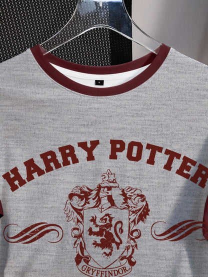 HARRY POTTER X SHEIN Camiseta de manga corta casual de mujer con gráfico de letras y ribete de contraste, para verano