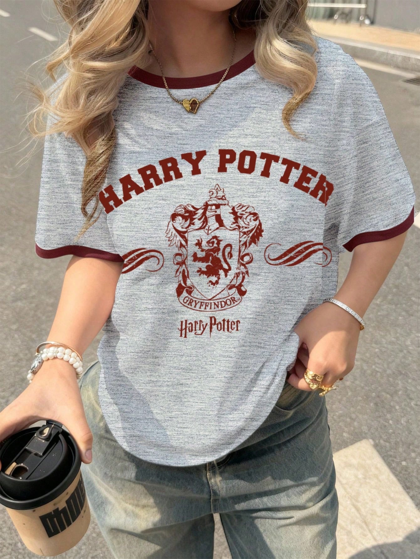 HARRY POTTER X SHEIN Camiseta de manga corta casual de mujer con gráfico de letras y ribete de contraste, para verano