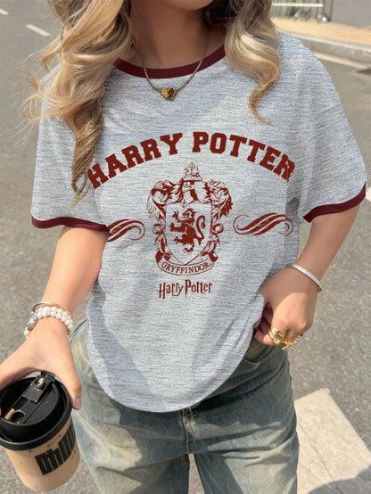 HARRY POTTER X SHEIN Camiseta de manga corta casual de mujer con gráfico de letras y ribete de contraste, para verano