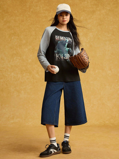 HARRY POTTER X SHEIN Camiseta de manga larga con cuello redondo, bloque de color y gráfico de letras para mujer