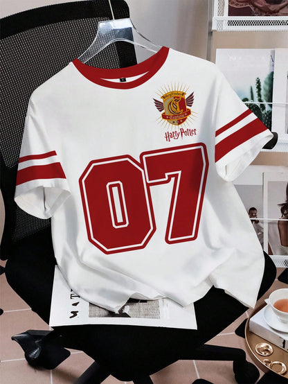 HARRY POTTER X SHEIN Camiseta de mujer de ajuste holgado y casual con estampado de insignia y números, para verano