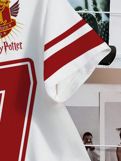 HARRY POTTER X SHEIN Camiseta de mujer de ajuste holgado y casual con estampado de insignia y números, para verano