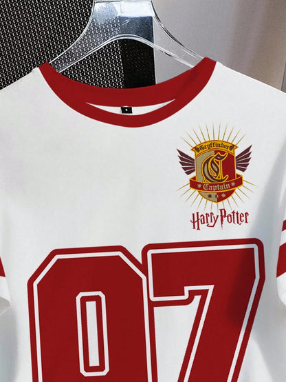 HARRY POTTER X SHEIN Camiseta de mujer de ajuste holgado y casual con estampado de insignia y números, para verano