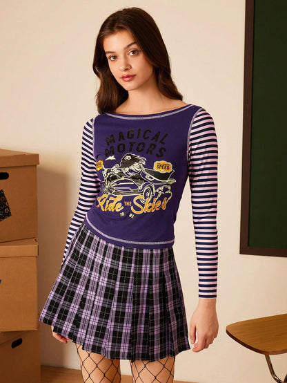 HARRY POTTER X SHEIN Camiseta entallada de mujer con patrón de rayas y figura y letras impresas
