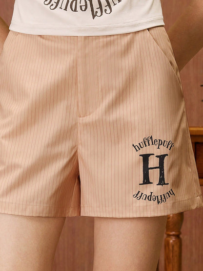 HARRY POTTER X SHEIN Shorts de mujer de verano con estampado de rayas y letras con bolsillo