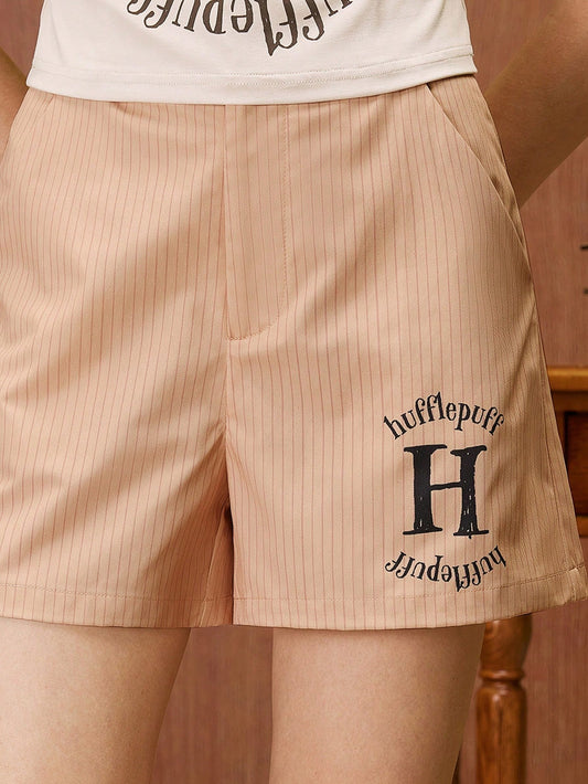HARRY POTTER X SHEIN Shorts de mujer de verano con estampado de rayas y letras con bolsillo
