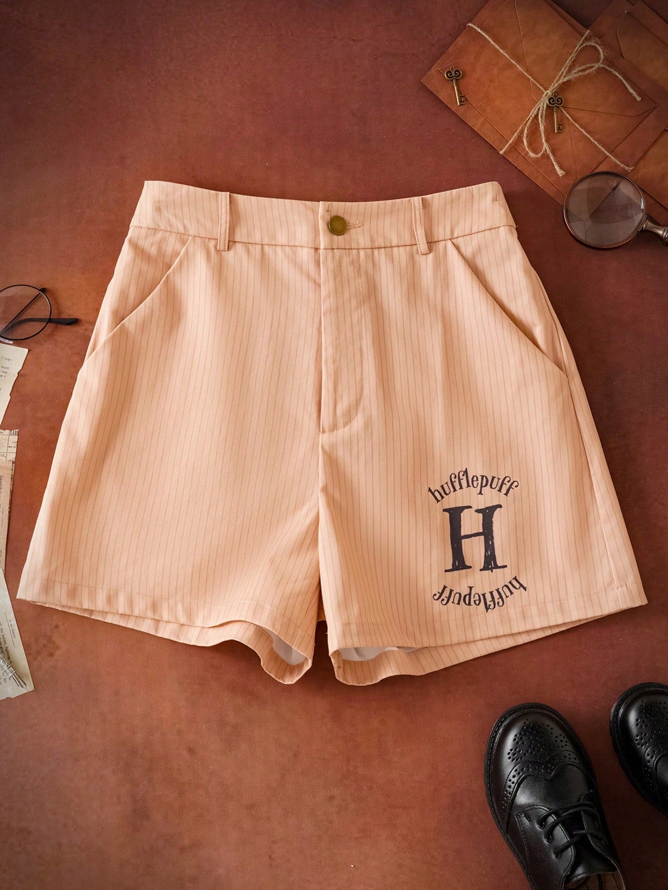 HARRY POTTER X SHEIN Shorts de mujer de verano con estampado de rayas y letras con bolsillo