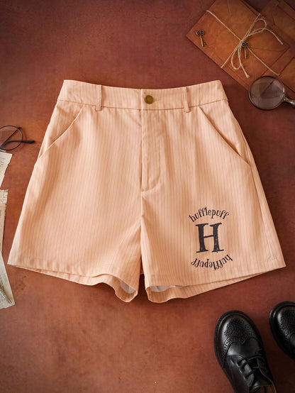 HARRY POTTER X SHEIN Shorts de mujer de verano con estampado de rayas y letras con bolsillo