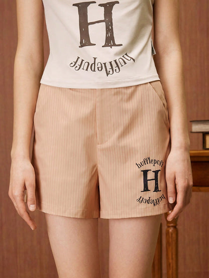 HARRY POTTER X SHEIN Shorts de mujer de verano con estampado de rayas y letras con bolsillo