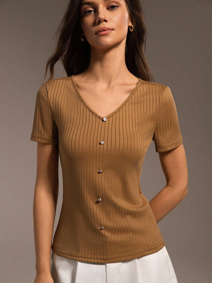 Hanevo Camiseta casual de verano para mujer de unicolor, cuello en V, abotonada, de manga corta