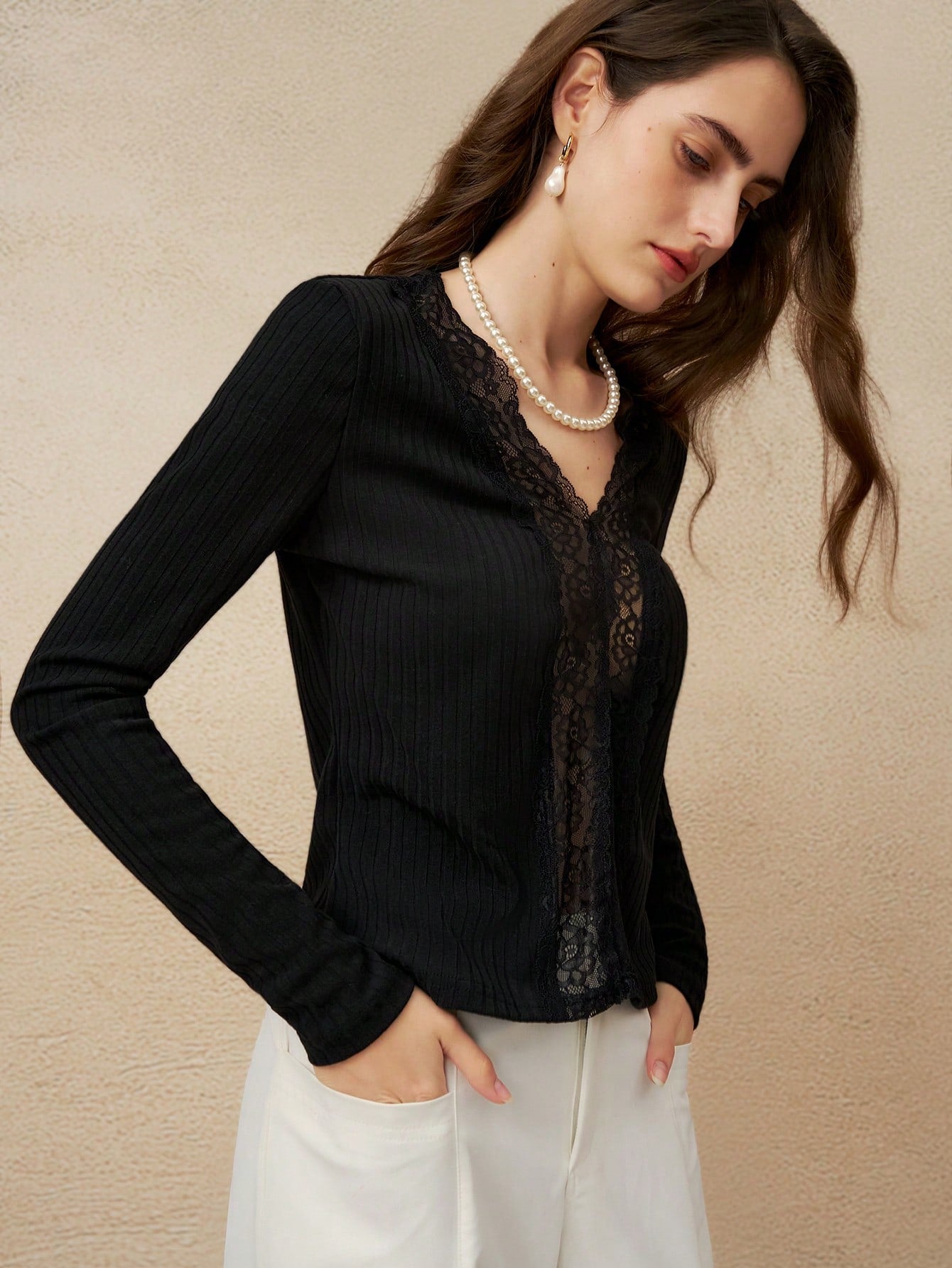 INAWLY Blusa elegante de mujer con cuello en V, parches de encaje y mangas largas transparentes, para primavera/otoño