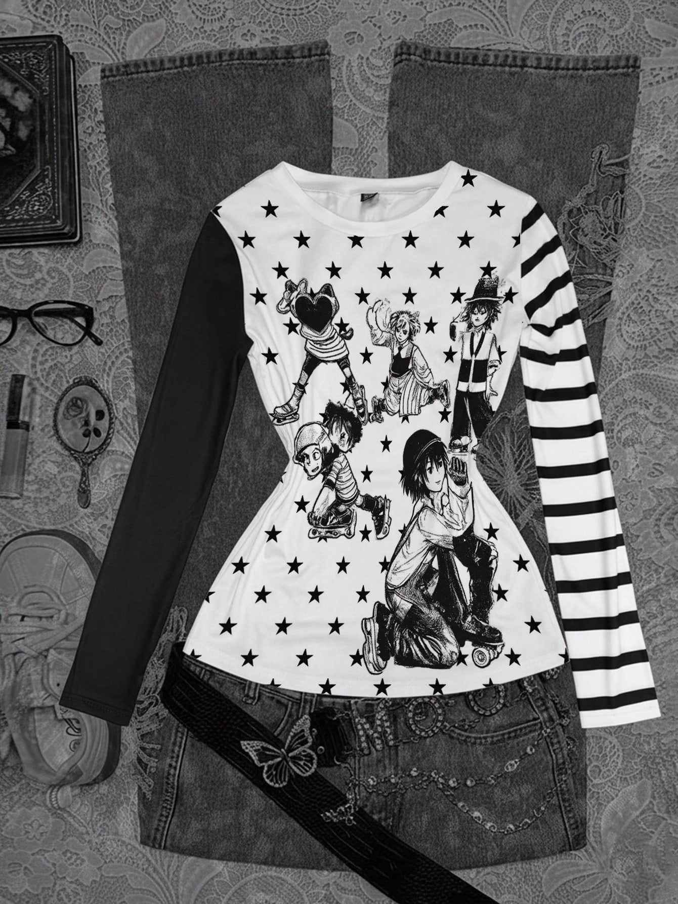 INAWLY Camiseta casual de manga larga con cuello redondo y estampado de personaje de dibujos animados oscuro y pentagrama para mujeres