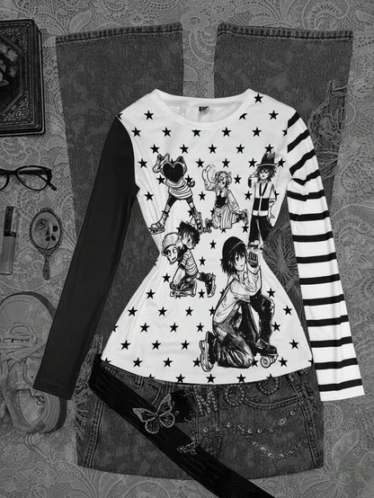 INAWLY Camiseta casual de manga larga con cuello redondo y estampado de personaje de dibujos animados oscuro y pentagrama para mujeres