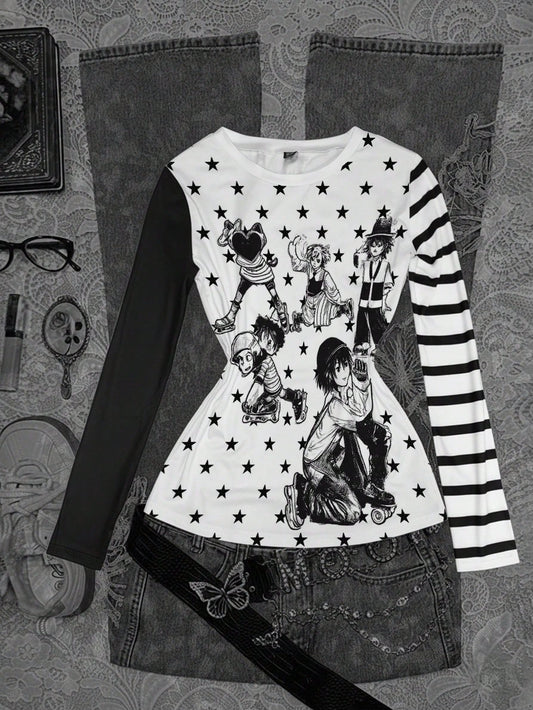 INAWLY Camiseta casual de manga larga con cuello redondo y estampado de personaje de dibujos animados oscuro y pentagrama para mujeres