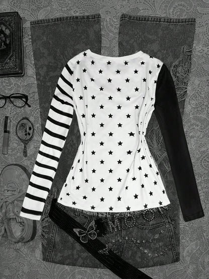 INAWLY Camiseta casual de manga larga con cuello redondo y estampado de personaje de dibujos animados oscuro y pentagrama para mujeres