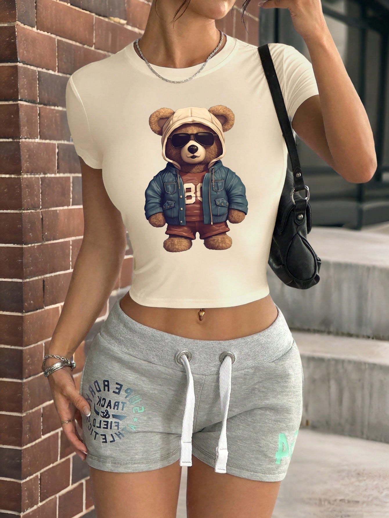 INAWLY Camiseta de manga corta de cuello redondo y ajuste ceñido con patrón de oso cool para mujeres