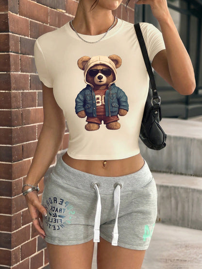 INAWLY Camiseta de manga corta de cuello redondo y ajuste ceñido con patrón de oso cool para mujeres